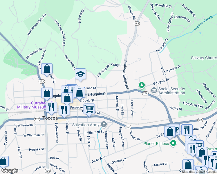 map of restaurants, bars, coffee shops, grocery stores, and more near East Savannah Street in Toccoa