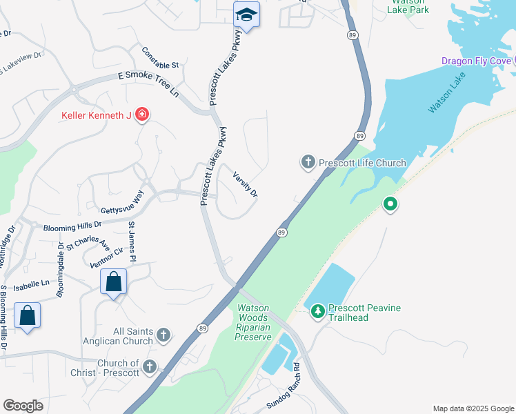 map of restaurants, bars, coffee shops, grocery stores, and more near 1490 Varsity Drive in Prescott