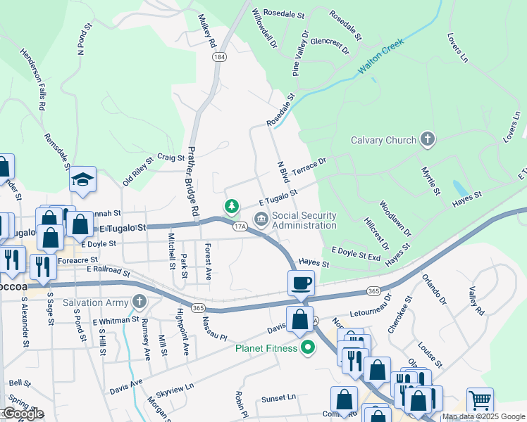 map of restaurants, bars, coffee shops, grocery stores, and more near 828-898 East Tugalo Street in Toccoa