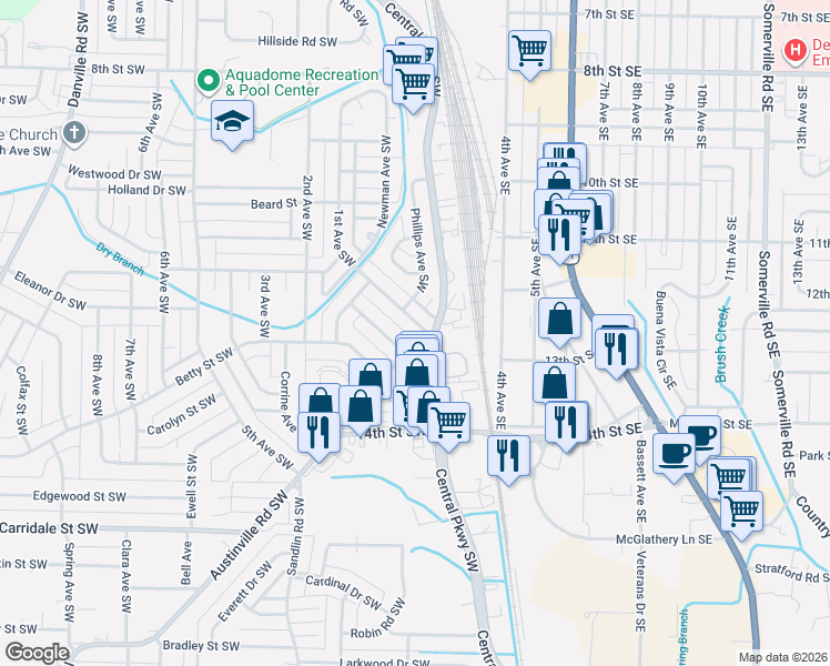 map of restaurants, bars, coffee shops, grocery stores, and more near 1607 1st Avenue Southwest in Decatur