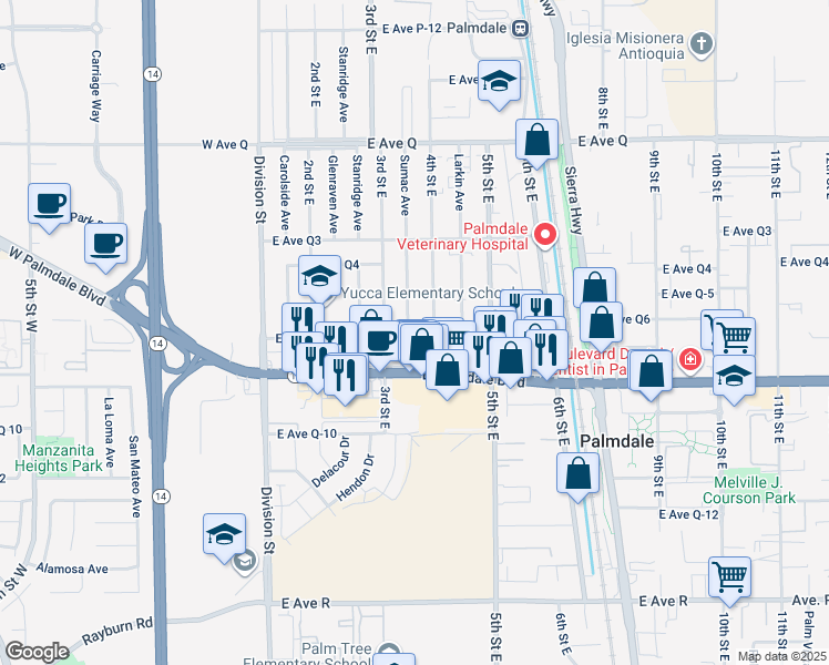 map of restaurants, bars, coffee shops, grocery stores, and more near 333 East Avenue Q7 in Palmdale