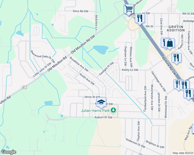 map of restaurants, bars, coffee shops, grocery stores, and more near 1600 Brookline Avenue Southwest in Decatur