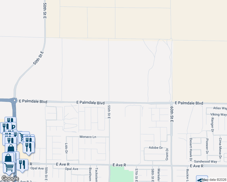 map of restaurants, bars, coffee shops, grocery stores, and more near 55th Street East in Palmdale