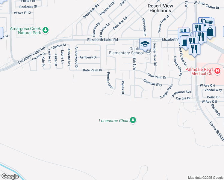 map of restaurants, bars, coffee shops, grocery stores, and more near 38441 Siamese Lane in Palmdale