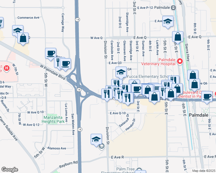 map of restaurants, bars, coffee shops, grocery stores, and more near 103 East Avenue Q7 in Palmdale
