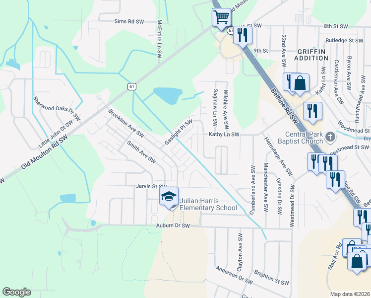 map of restaurants, bars, coffee shops, grocery stores, and more near 2409 Brookline Court South West in Decatur
