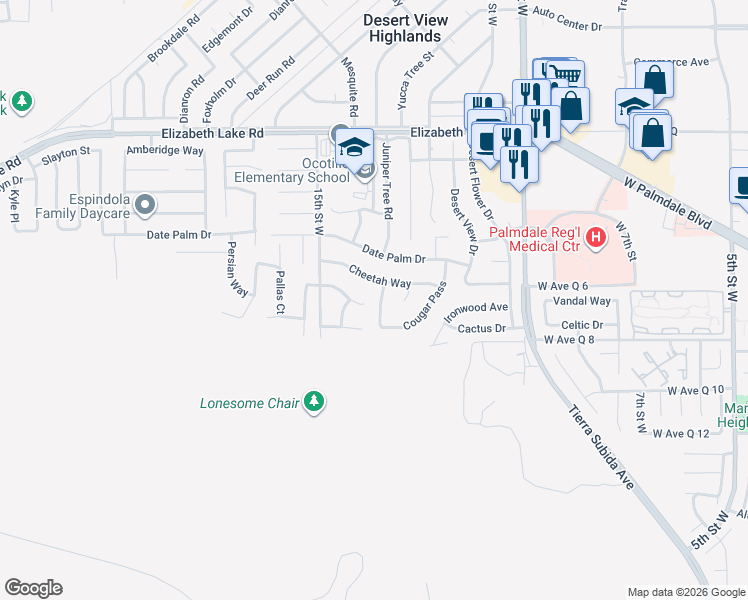 map of restaurants, bars, coffee shops, grocery stores, and more near 38444 Juniper Tree Road in Palmdale
