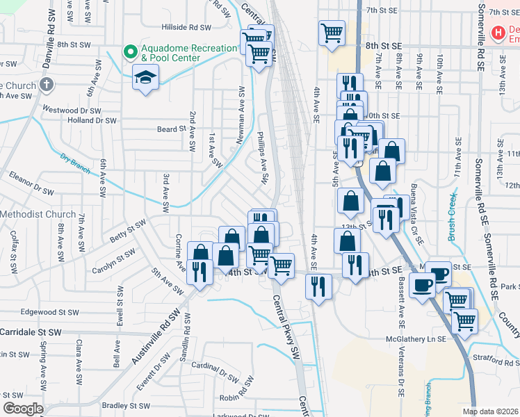 map of restaurants, bars, coffee shops, grocery stores, and more near 1607 1st Avenue Southwest in Decatur