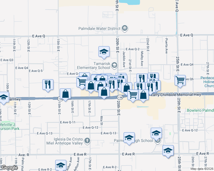 map of restaurants, bars, coffee shops, grocery stores, and more near 18th Street East in Palmdale