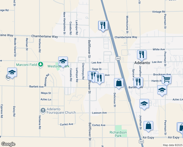 map of restaurants, bars, coffee shops, grocery stores, and more near 18201 Bellflower Street in Adelanto