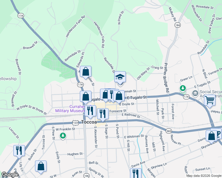 map of restaurants, bars, coffee shops, grocery stores, and more near East Savannah Street in Toccoa