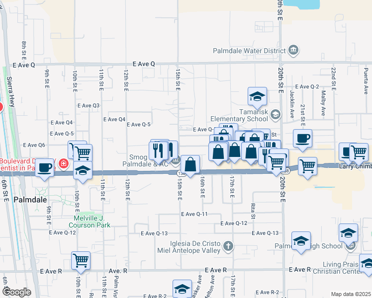 map of restaurants, bars, coffee shops, grocery stores, and more near 1514 East Avenue Q6 in Palmdale