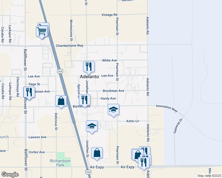 map of restaurants, bars, coffee shops, grocery stores, and more near 11842 Brockman Avenue in Adelanto