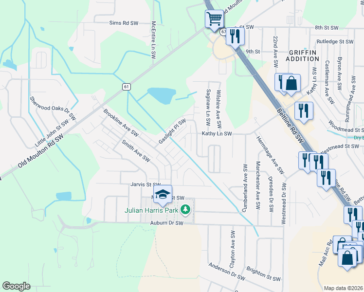 map of restaurants, bars, coffee shops, grocery stores, and more near 2409 Brookline Court South West in Decatur