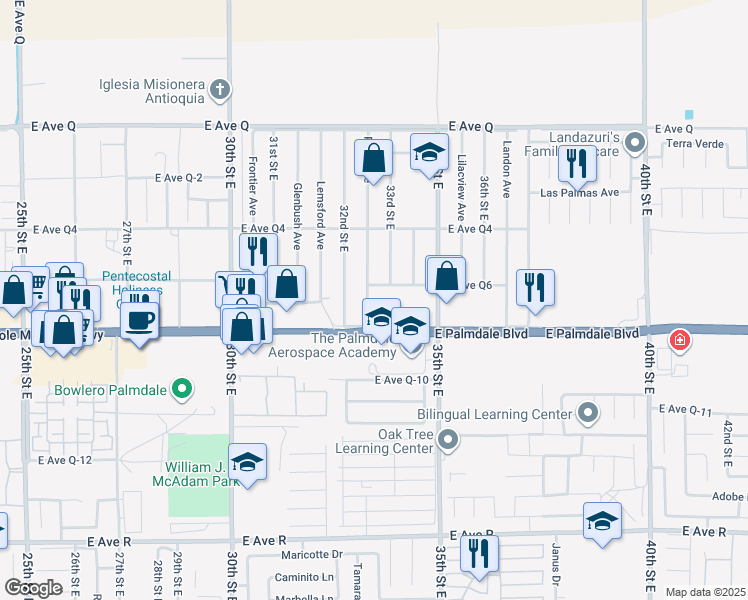 map of restaurants, bars, coffee shops, grocery stores, and more near 38434 Pond Avenue in Palmdale