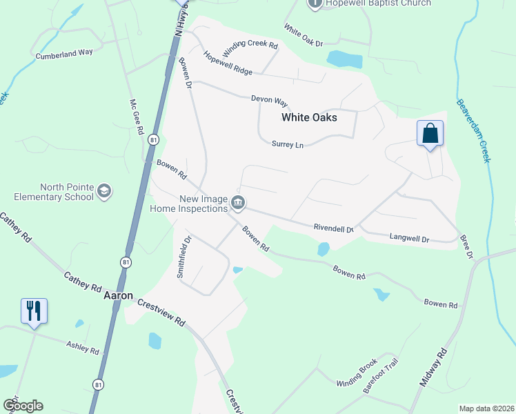 map of restaurants, bars, coffee shops, grocery stores, and more near 106 Rivendell Drive in Anderson