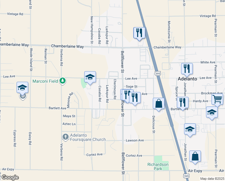 map of restaurants, bars, coffee shops, grocery stores, and more near 18200 Cherimoya Road in Adelanto