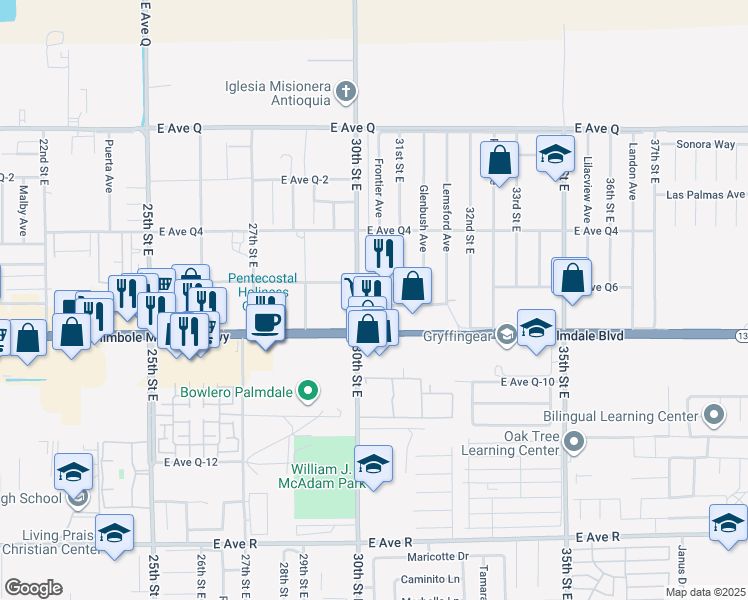 map of restaurants, bars, coffee shops, grocery stores, and more near 3005 East Palmdale Boulevard in Palmdale