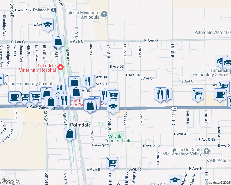 map of restaurants, bars, coffee shops, grocery stores, and more near 38444 10th Street East in Palmdale