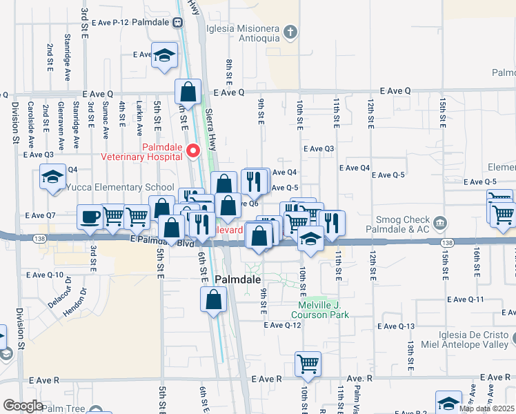 map of restaurants, bars, coffee shops, grocery stores, and more near 38453 9th Street East in Palmdale