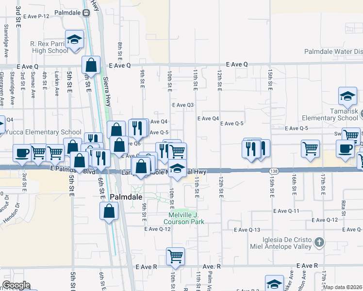 map of restaurants, bars, coffee shops, grocery stores, and more near 38457 10th Place East in Palmdale