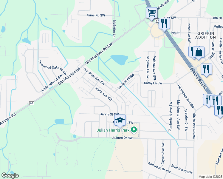map of restaurants, bars, coffee shops, grocery stores, and more near 1415 Brookline Avenue Southwest in Decatur