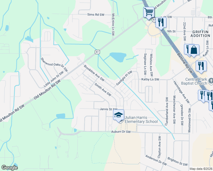map of restaurants, bars, coffee shops, grocery stores, and more near 1416 Smith Avenue Southwest in Decatur