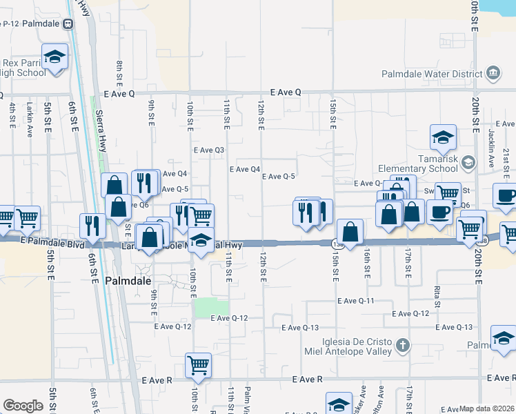 map of restaurants, bars, coffee shops, grocery stores, and more near 38465 12th Street East in Palmdale