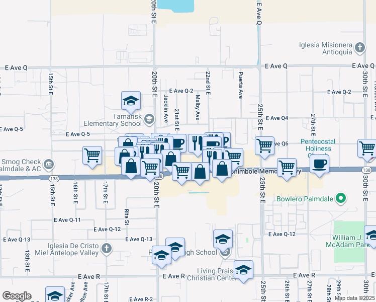 map of restaurants, bars, coffee shops, grocery stores, and more near 2053 East Palmdale Boulevard in Palmdale
