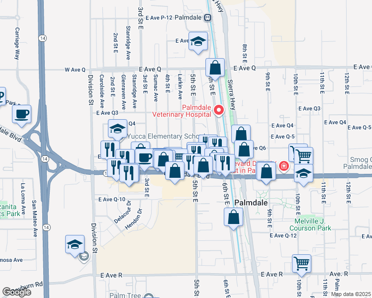 map of restaurants, bars, coffee shops, grocery stores, and more near 433 East Avenue Q-7 in Palmdale