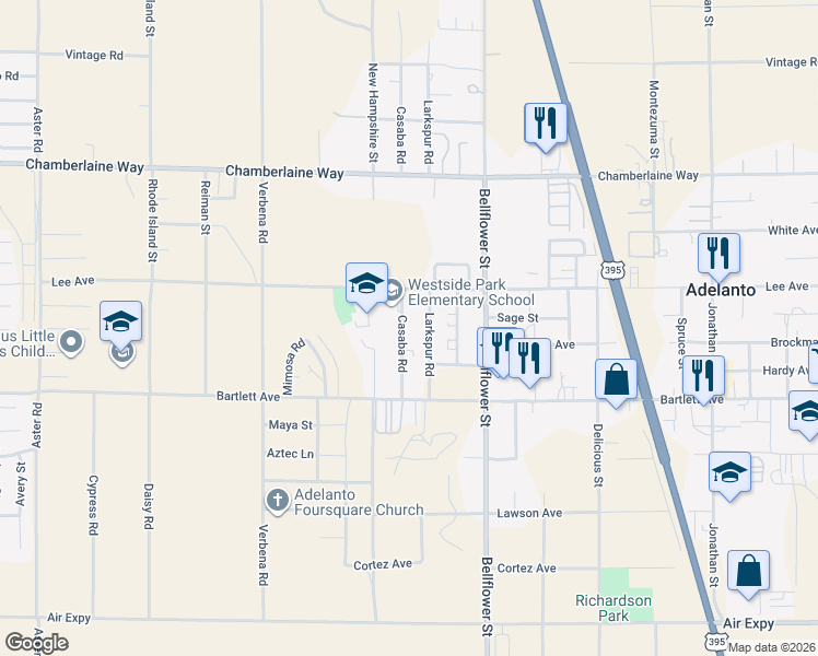 map of restaurants, bars, coffee shops, grocery stores, and more near 18219 Casaba Road in Adelanto