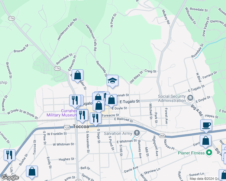 map of restaurants, bars, coffee shops, grocery stores, and more near 304 North Pond Street in Toccoa