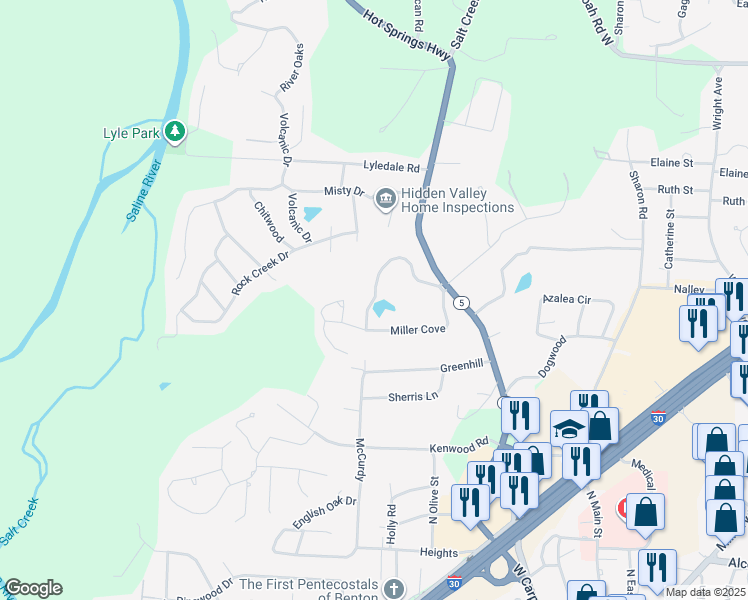 map of restaurants, bars, coffee shops, grocery stores, and more near Miller Cove in Tull