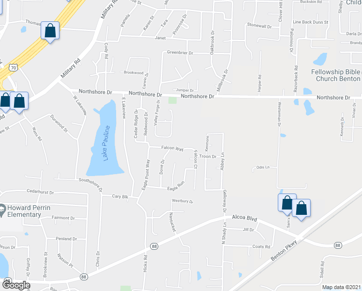 map of restaurants, bars, coffee shops, grocery stores, and more near 1882 Falcon Way in Benton