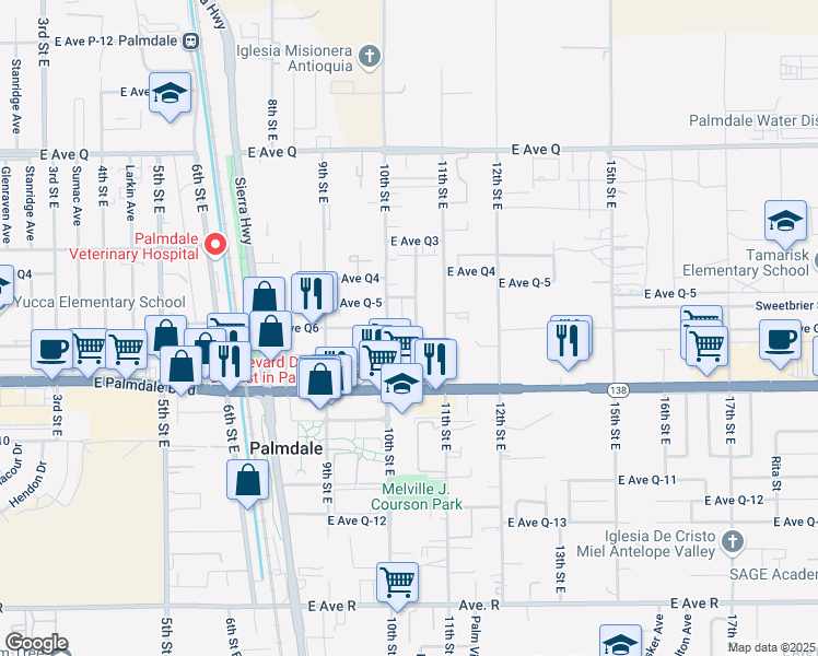 map of restaurants, bars, coffee shops, grocery stores, and more near 38444 10th Street East in Palmdale