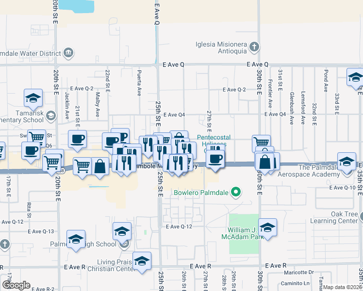 map of restaurants, bars, coffee shops, grocery stores, and more near 38447 26th Street East in Palmdale