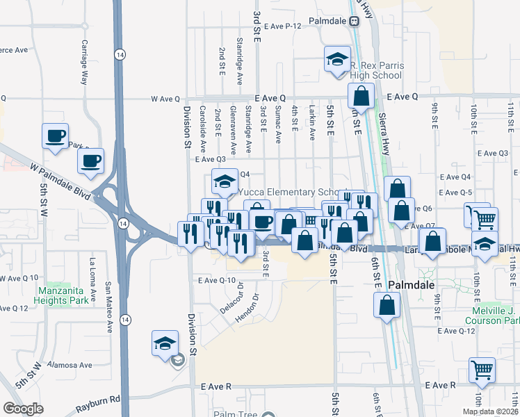 map of restaurants, bars, coffee shops, grocery stores, and more near 273 East Avenue Q7 in Palmdale