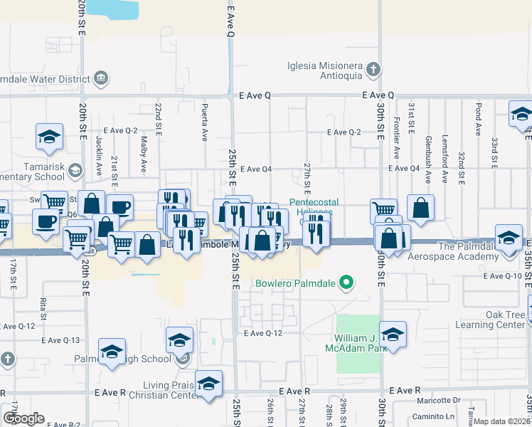 map of restaurants, bars, coffee shops, grocery stores, and more near 38447 26th Street East in Palmdale