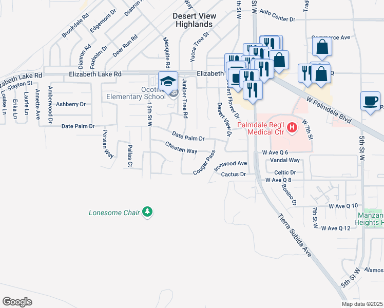 map of restaurants, bars, coffee shops, grocery stores, and more near 38444 Juniper Tree Road in Palmdale