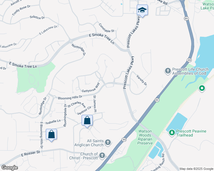 map of restaurants, bars, coffee shops, grocery stores, and more near 2105 Blooming Hills Drive in Prescott