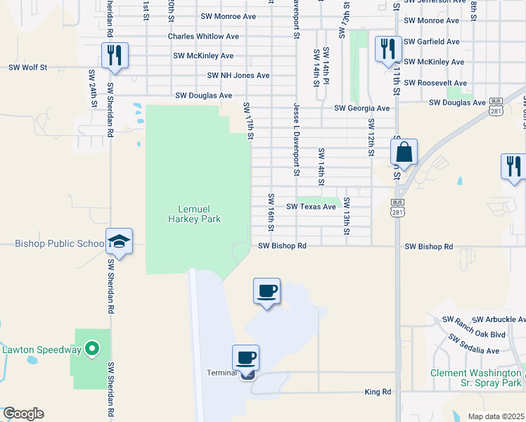 map of restaurants, bars, coffee shops, grocery stores, and more near 1611 Southwest Oklahoma Avenue in Lawton