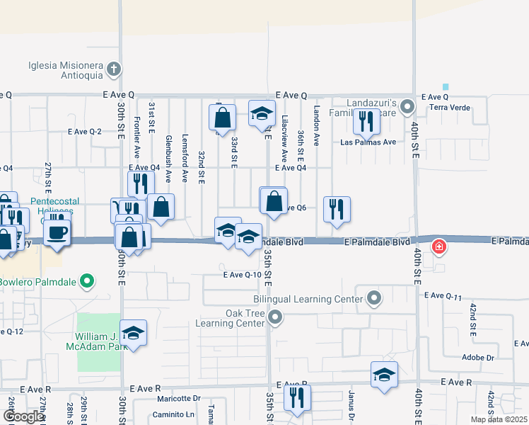 map of restaurants, bars, coffee shops, grocery stores, and more near 3305 East Palmdale Boulevard in Palmdale