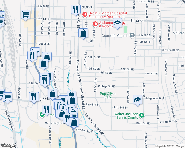 map of restaurants, bars, coffee shops, grocery stores, and more near 1221 North Street Southeast in Decatur
