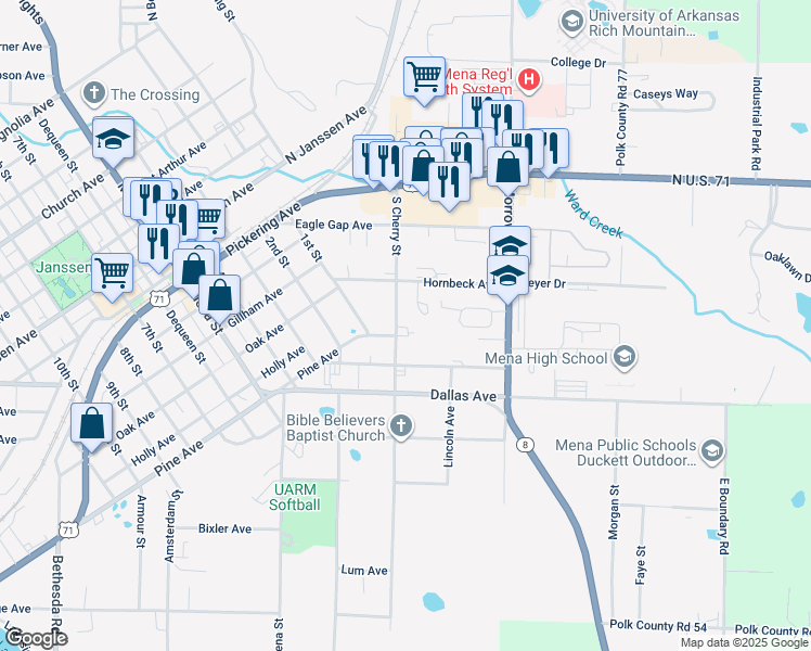 map of restaurants, bars, coffee shops, grocery stores, and more near 602 South Cherry Street in Mena