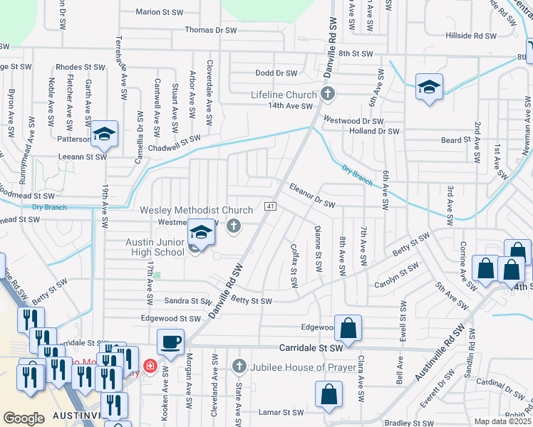 map of restaurants, bars, coffee shops, grocery stores, and more near 1625 Danville Road Southwest in Decatur