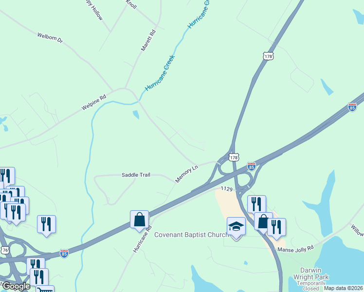 map of restaurants, bars, coffee shops, grocery stores, and more near 206 Memory Lane in Anderson