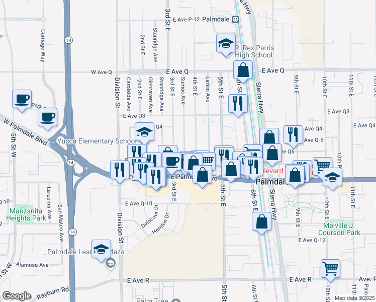 map of restaurants, bars, coffee shops, grocery stores, and more near 38454 Sumac Avenue in Palmdale