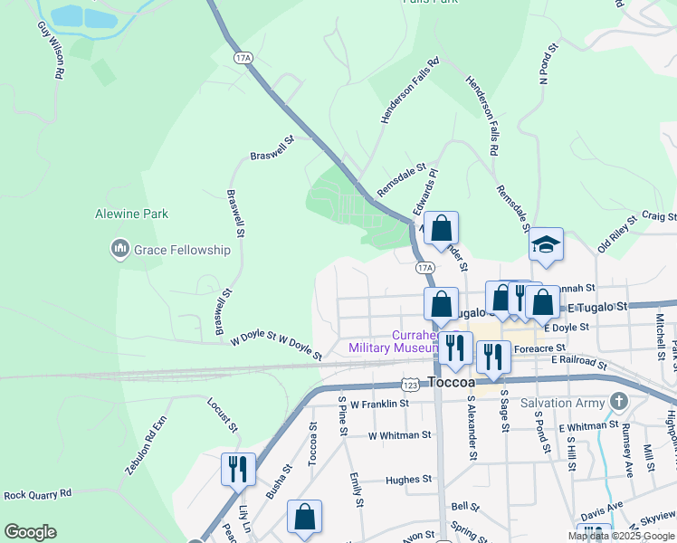 map of restaurants, bars, coffee shops, grocery stores, and more near 398 West Savannah Street in Toccoa