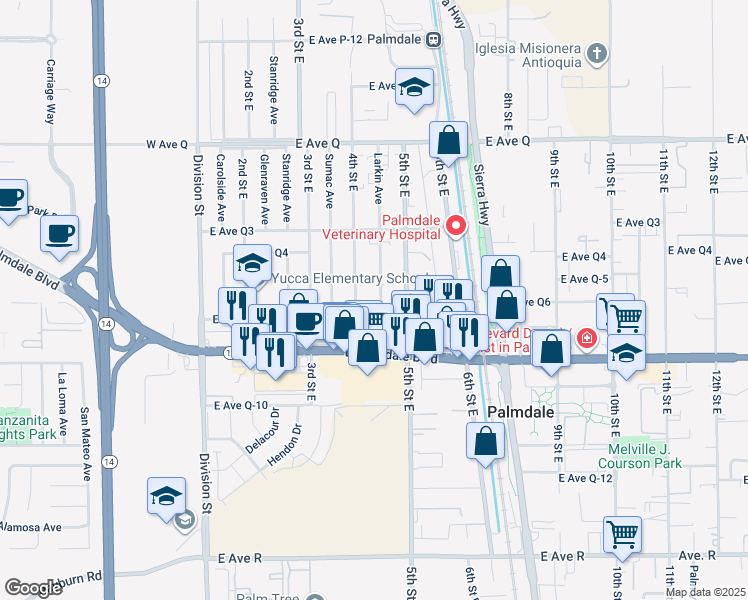 map of restaurants, bars, coffee shops, grocery stores, and more near 38457 Larkin Avenue in Palmdale
