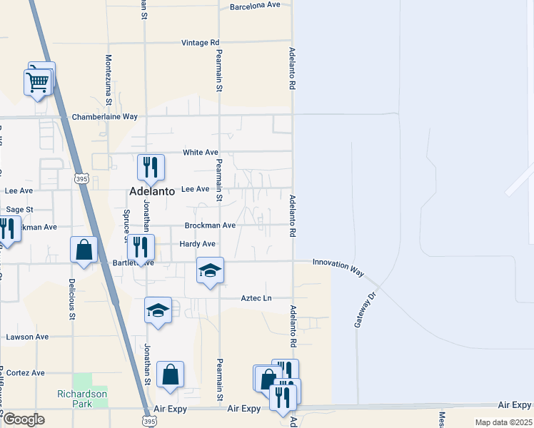 map of restaurants, bars, coffee shops, grocery stores, and more near 12020 Brockman Avenue in Adelanto